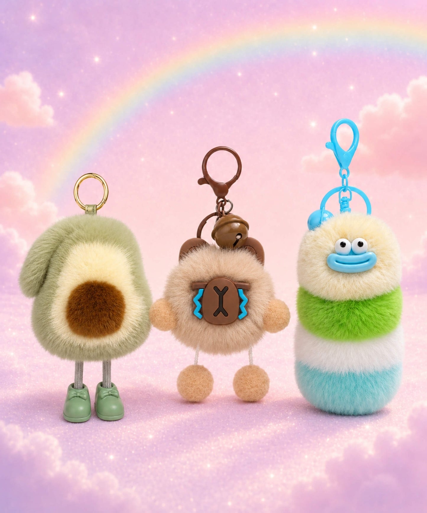Plush keychains collection with avocado, capybara and fluffy caterpillar bag charms