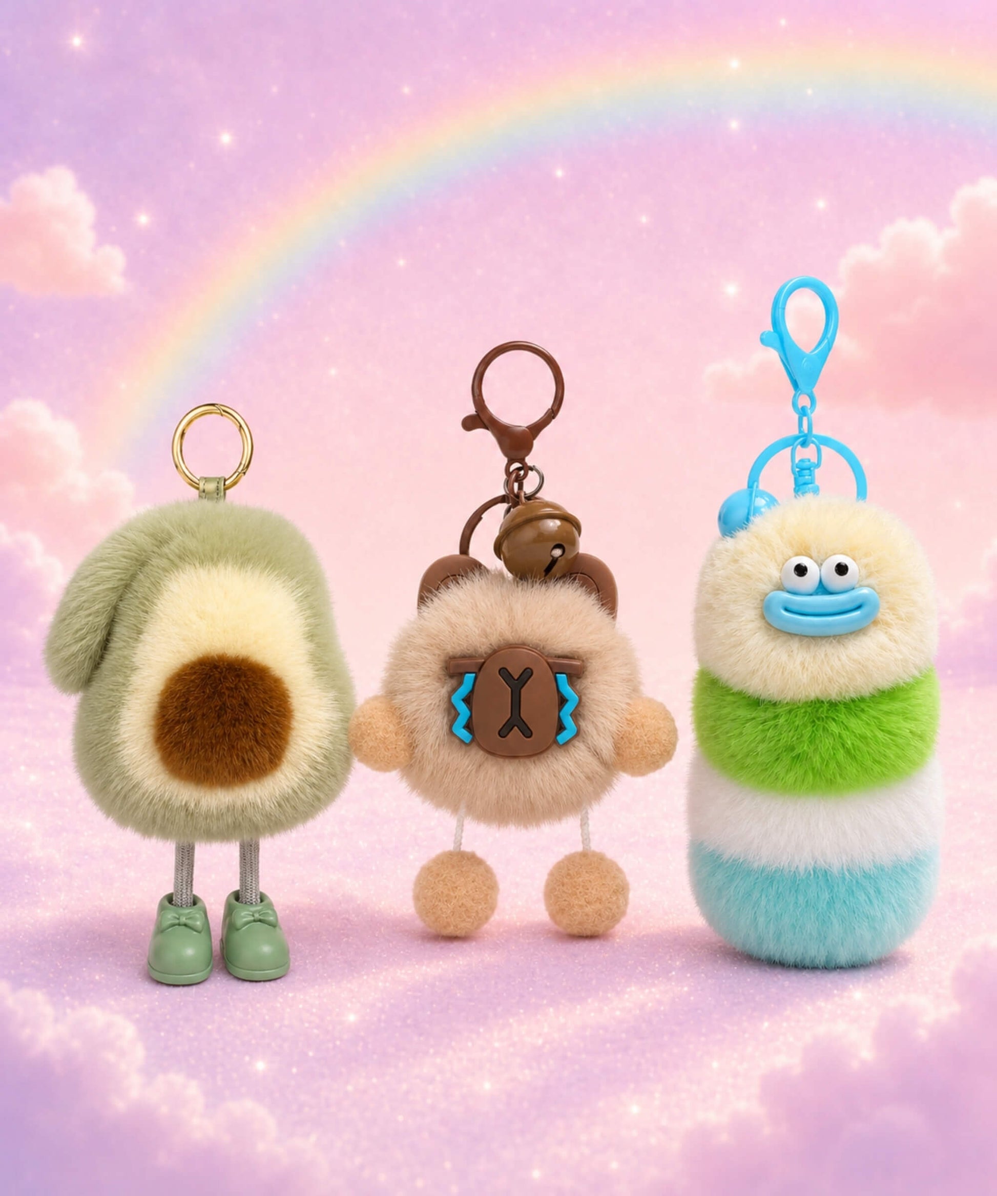Plush keychains collection with avocado, capybara and fluffy caterpillar bag charms