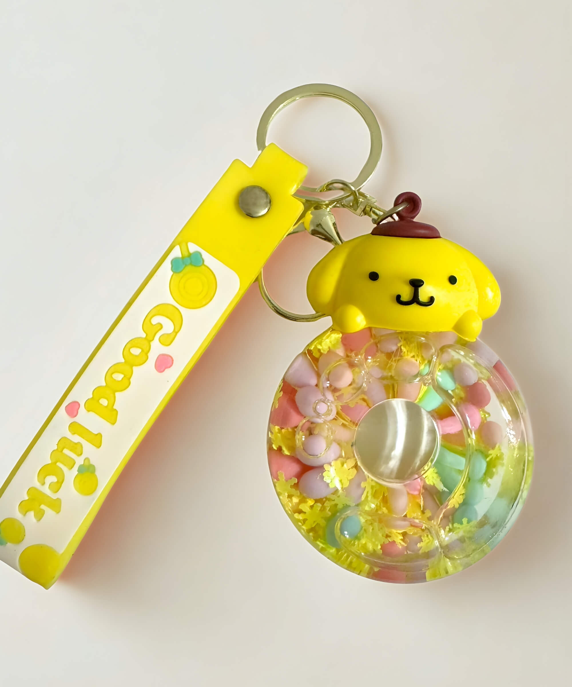 Pompompurin donut liquid keychain floating beads charm cute yellow character bag charm