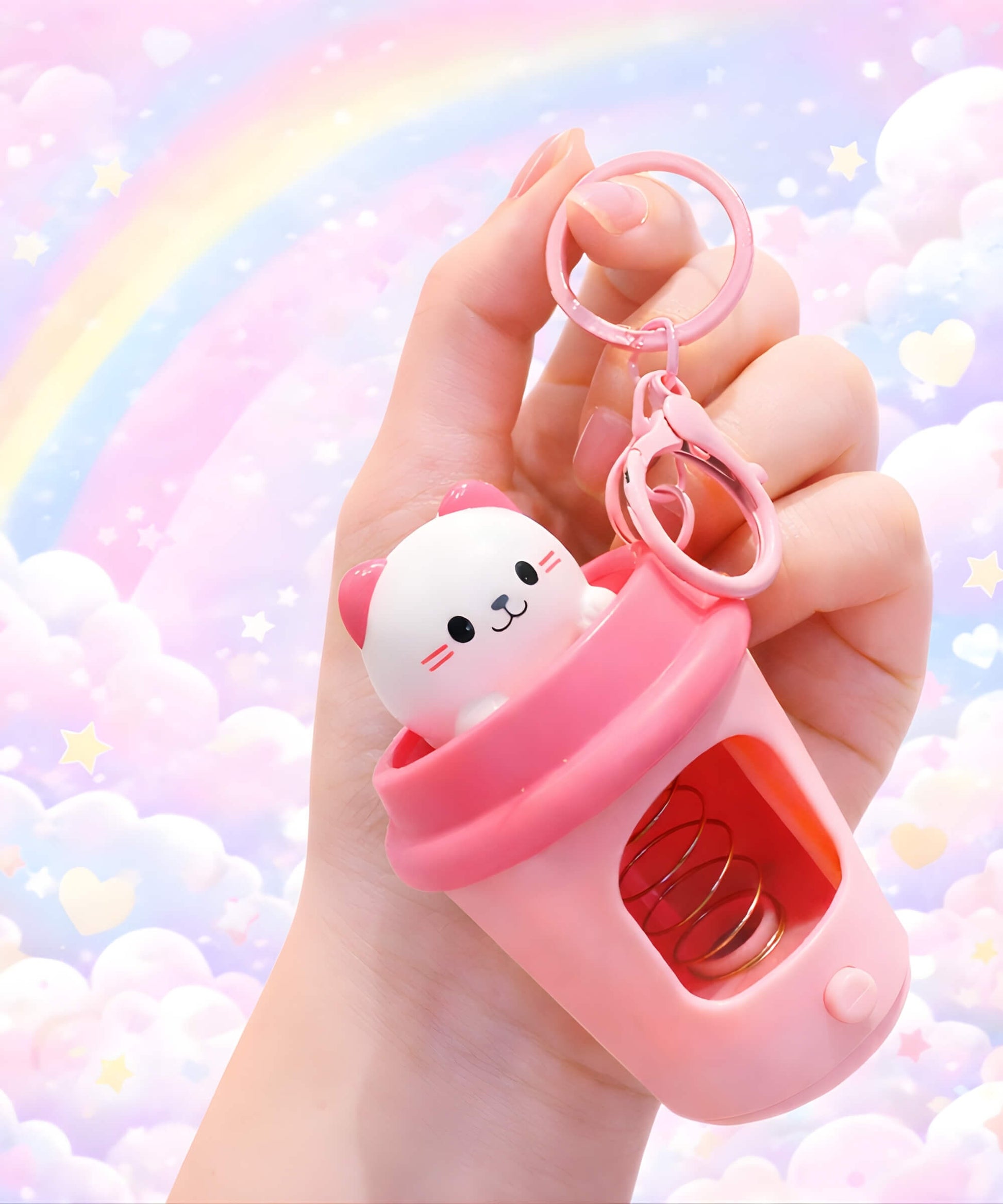 Pop up coffee cup LED keychain with spring animal inside held in hand, cute light up interactive bag charm