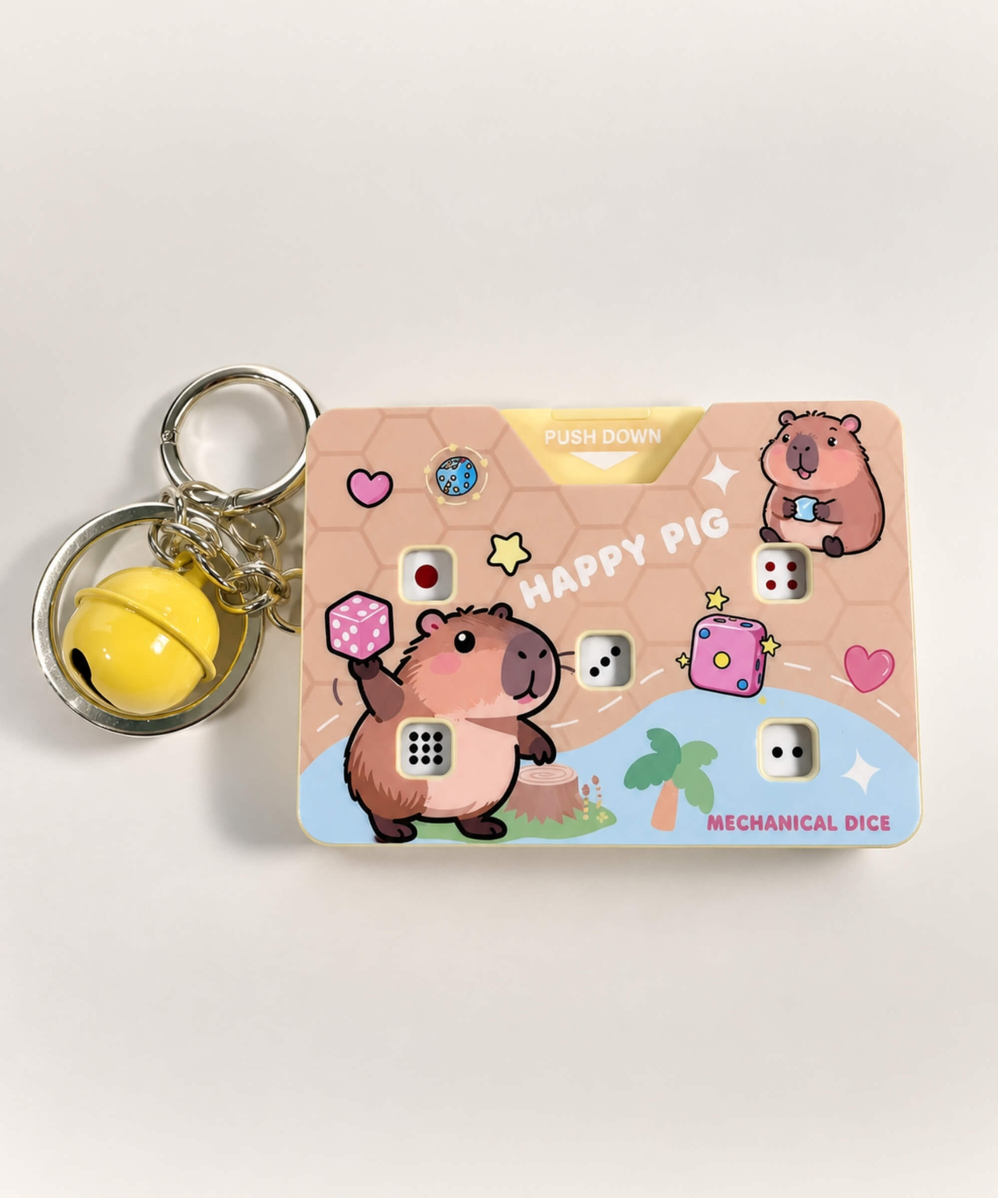 Happy Pig Press-to-Roll Dice Game Keychain with mini mechanical dice