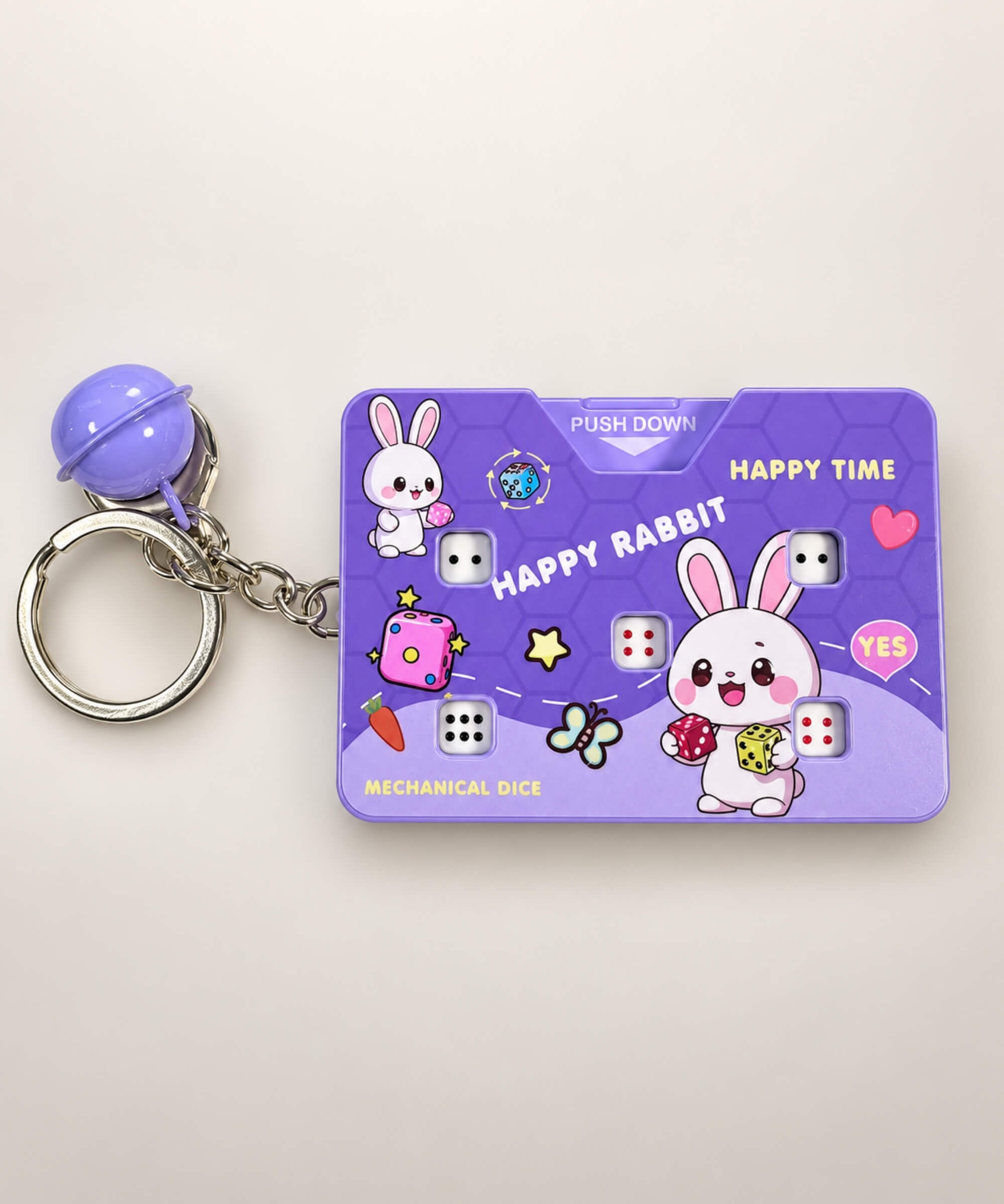 Happy Rabbit Press-to-Roll Dice Game Keychain with mini mechanical dice