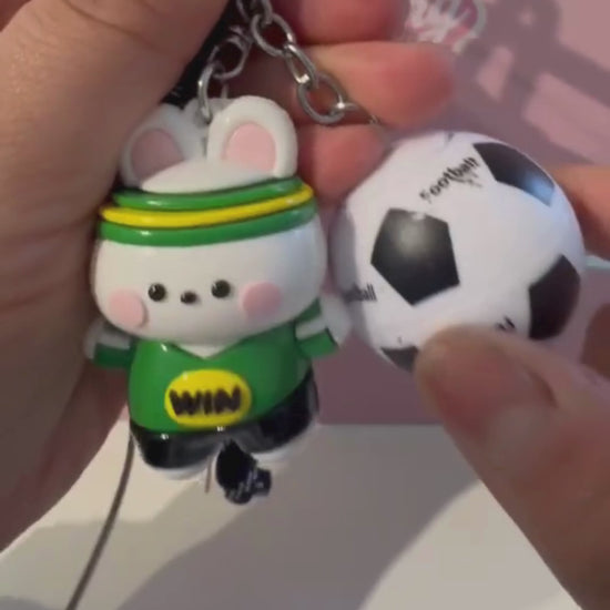 Soccer ball spinner keychain video showing the rotating football detail and cute sports character charm.