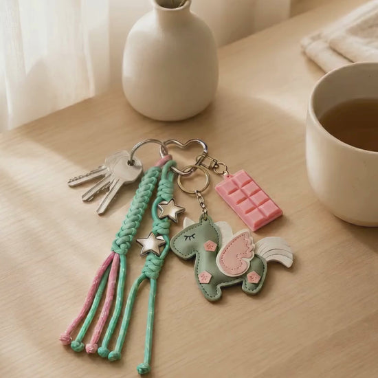 Green unicorn PU leather bag charm keychain with star and chocolate charms being picked up from a wooden table in a lifestyle video.
