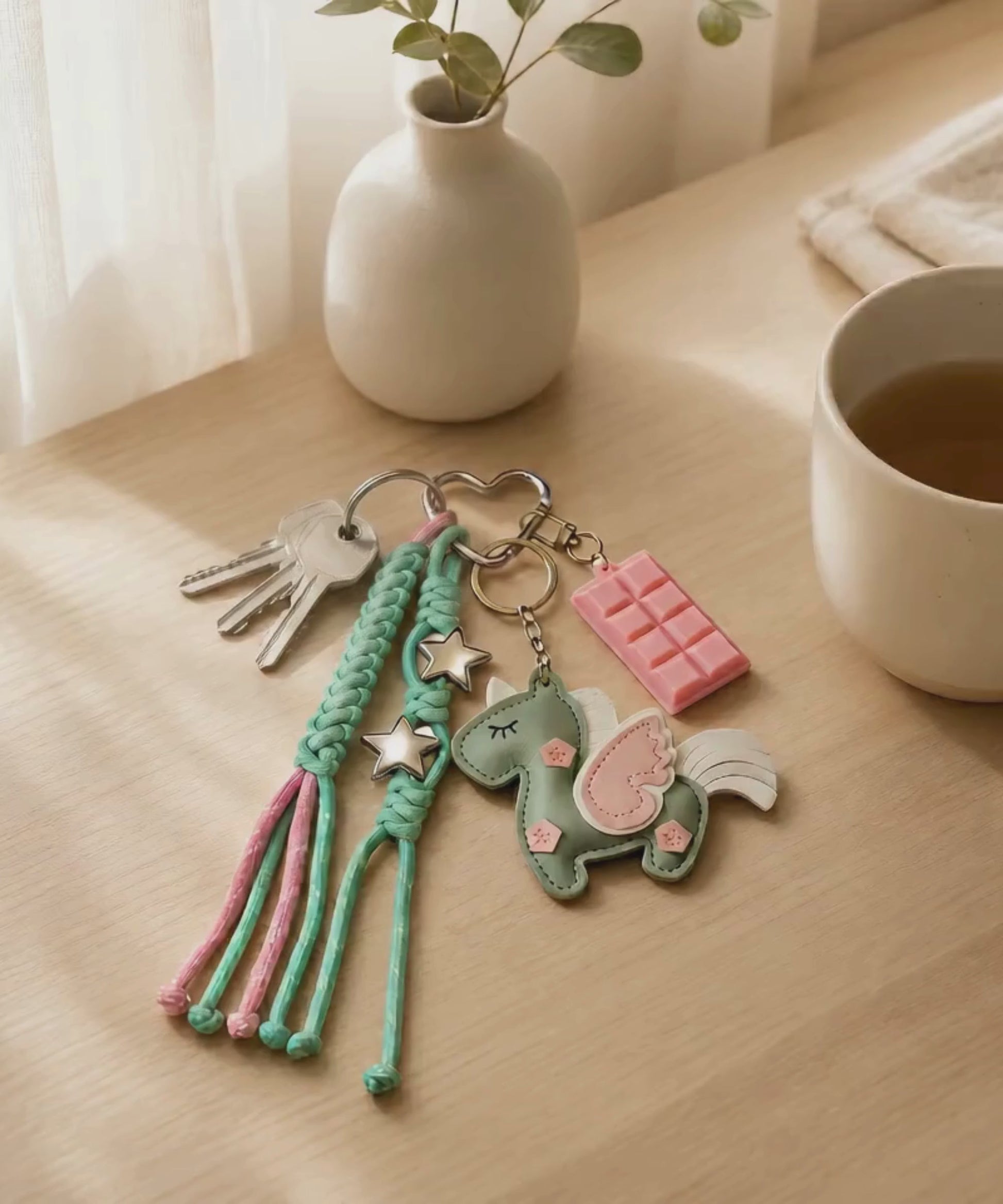 Green unicorn PU leather bag charm keychain with star and chocolate charms being picked up from a wooden table in a lifestyle video.