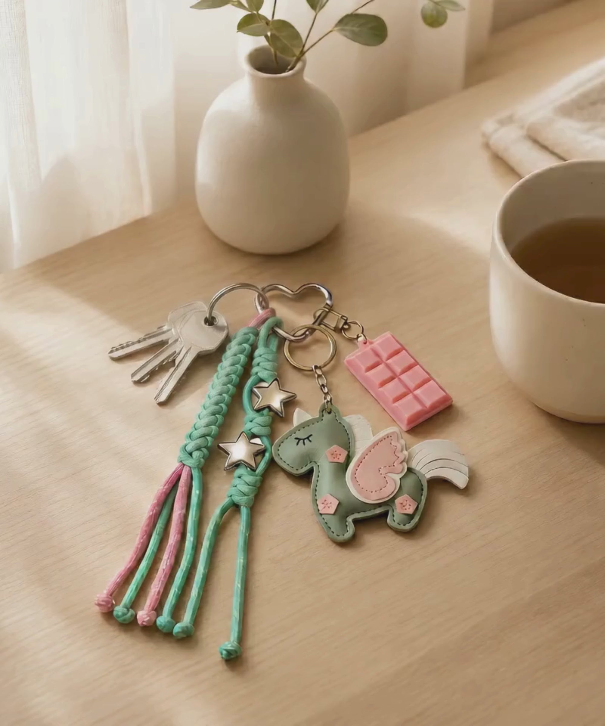Green unicorn PU leather bag charm keychain with star and chocolate charms being picked up from a wooden table in a lifestyle video.