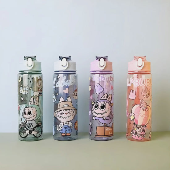 Charmazing Labubu style straw water bottle 750ml flip-top kids drink bottle with removable straw