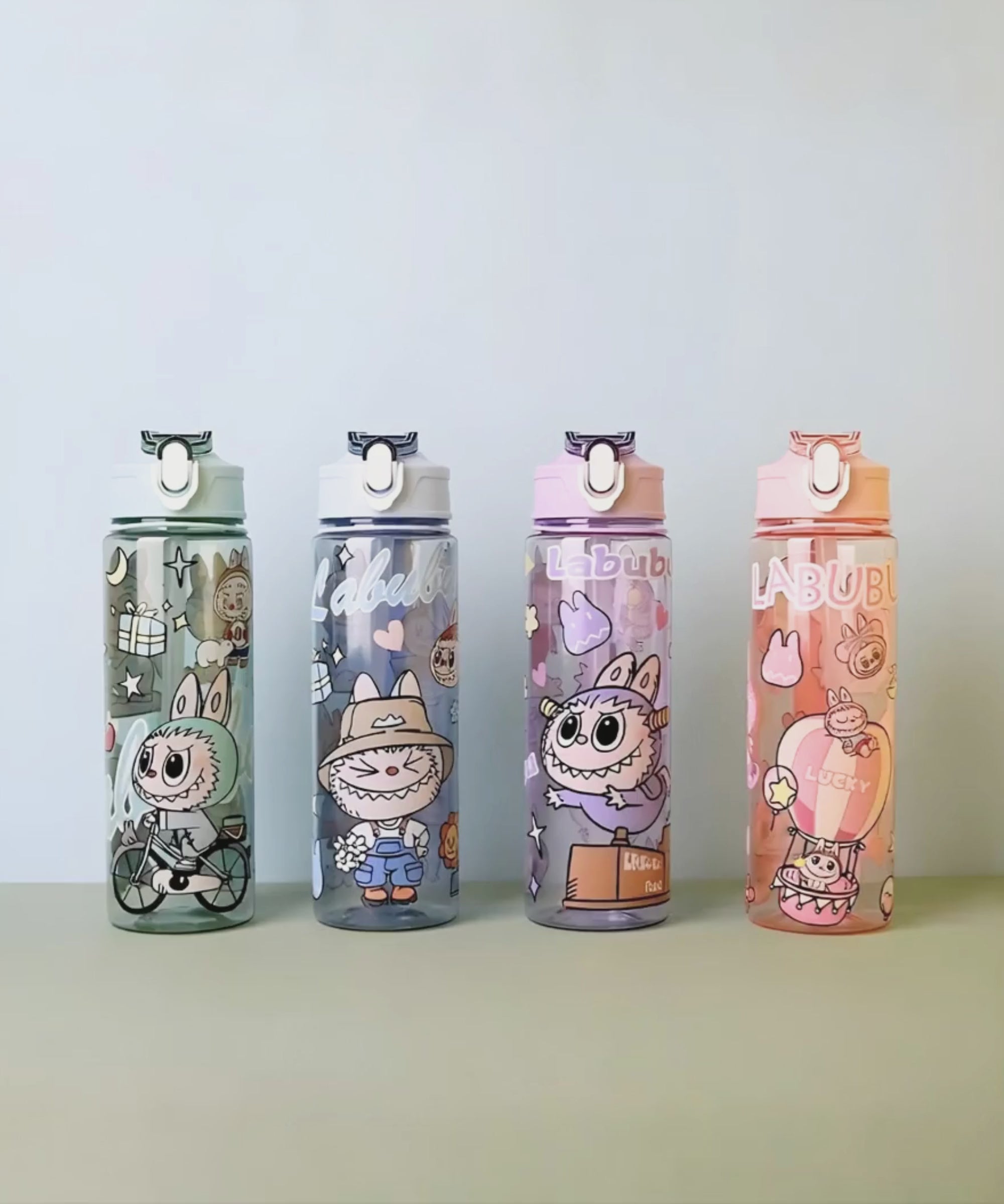Charmazing Labubu style straw water bottle 750ml flip-top kids drink bottle with removable straw