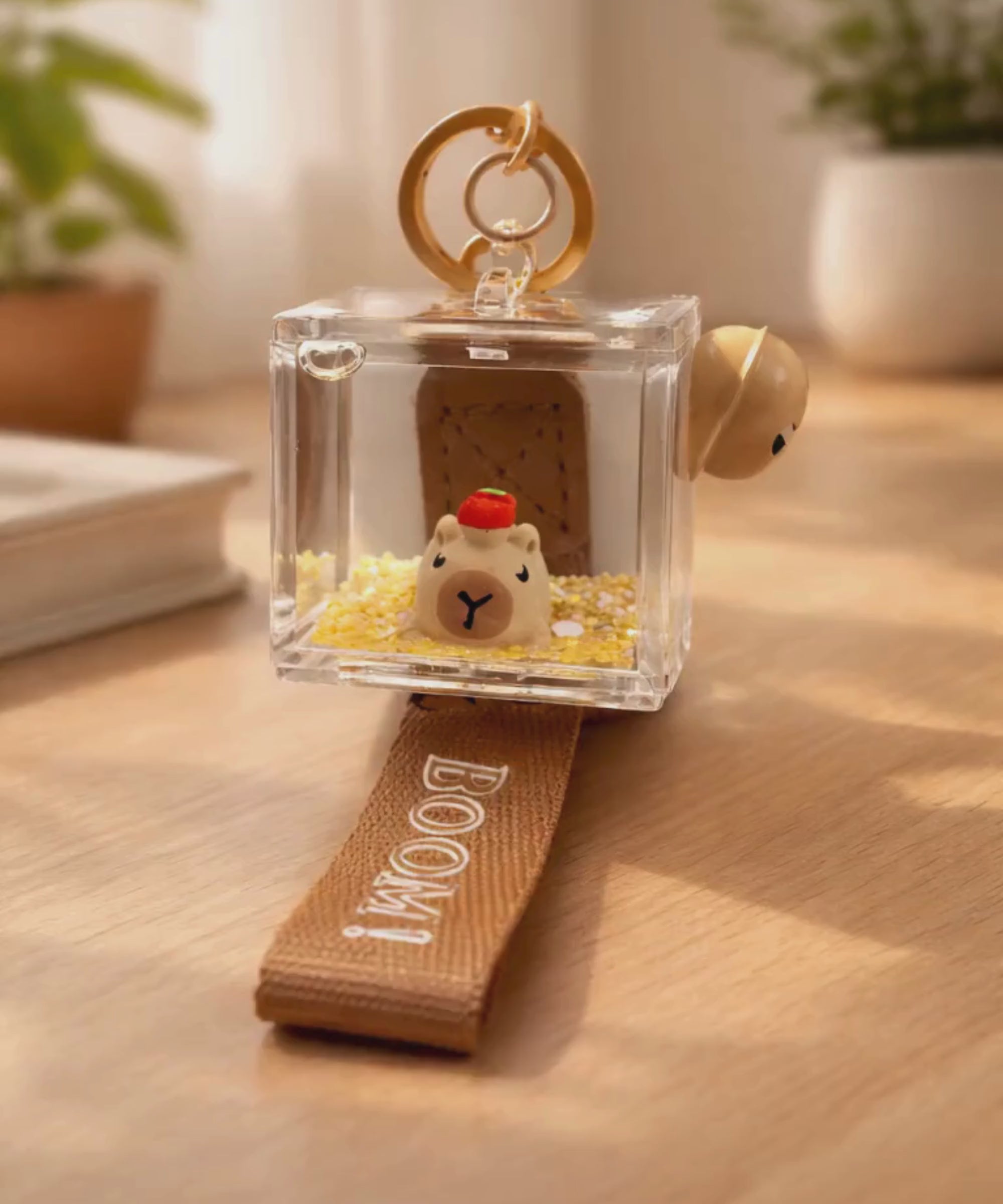 Capybara liquid shaker keychain on desk with soft lighting lifestyle scene