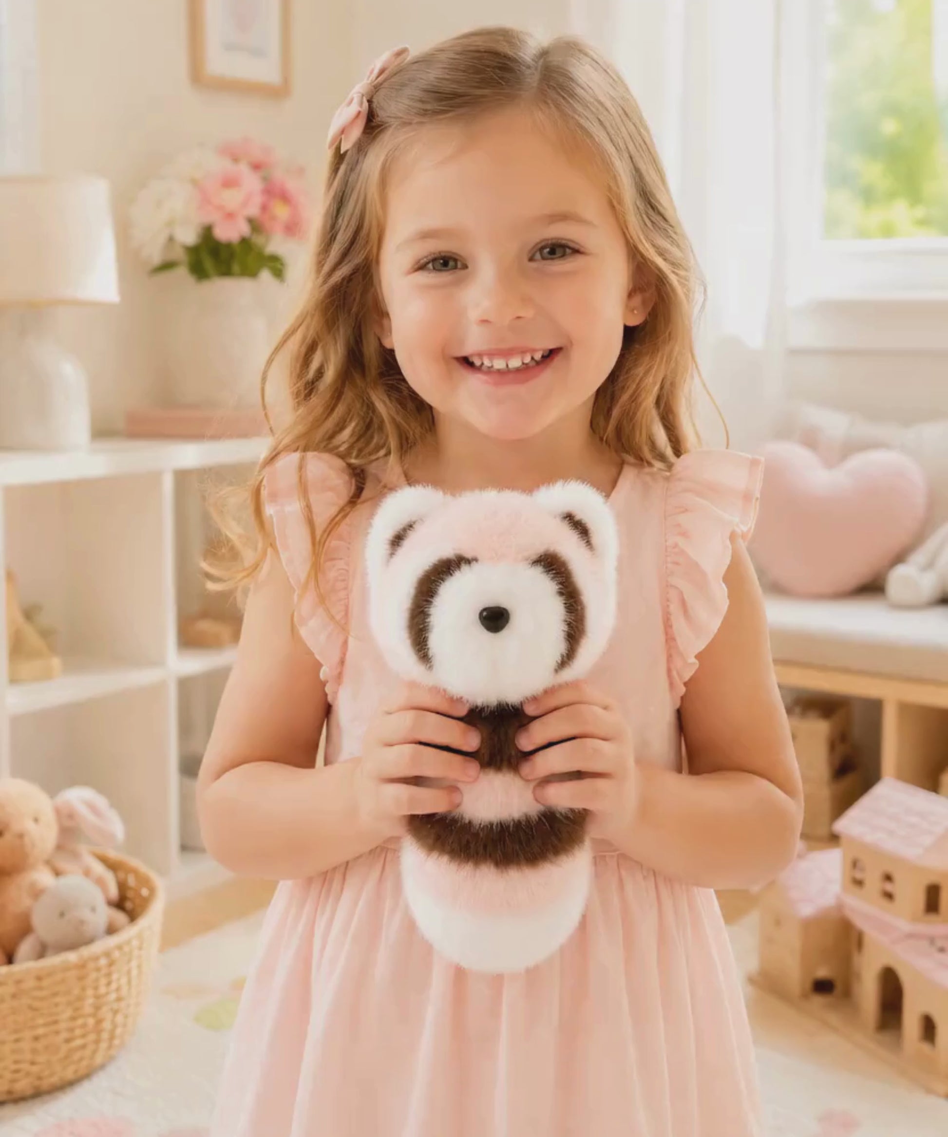 Girl holding raccoon plush keychain
