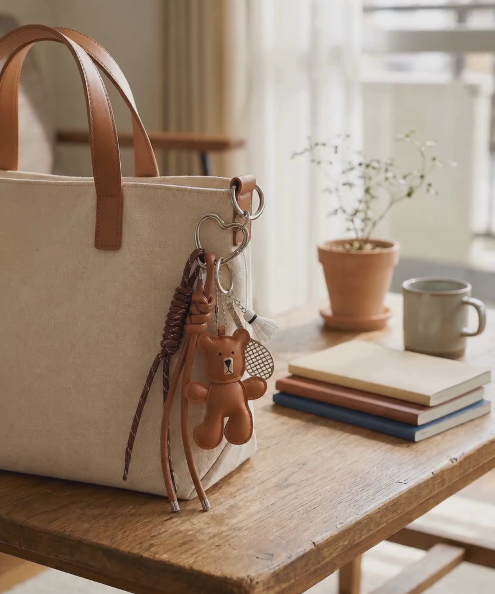 Brown bear PU leather bag charm keychain with a badminton racket charm and shuttlecock charm attached to a tote bag, shown in a lifestyle video with the bag being lifted.