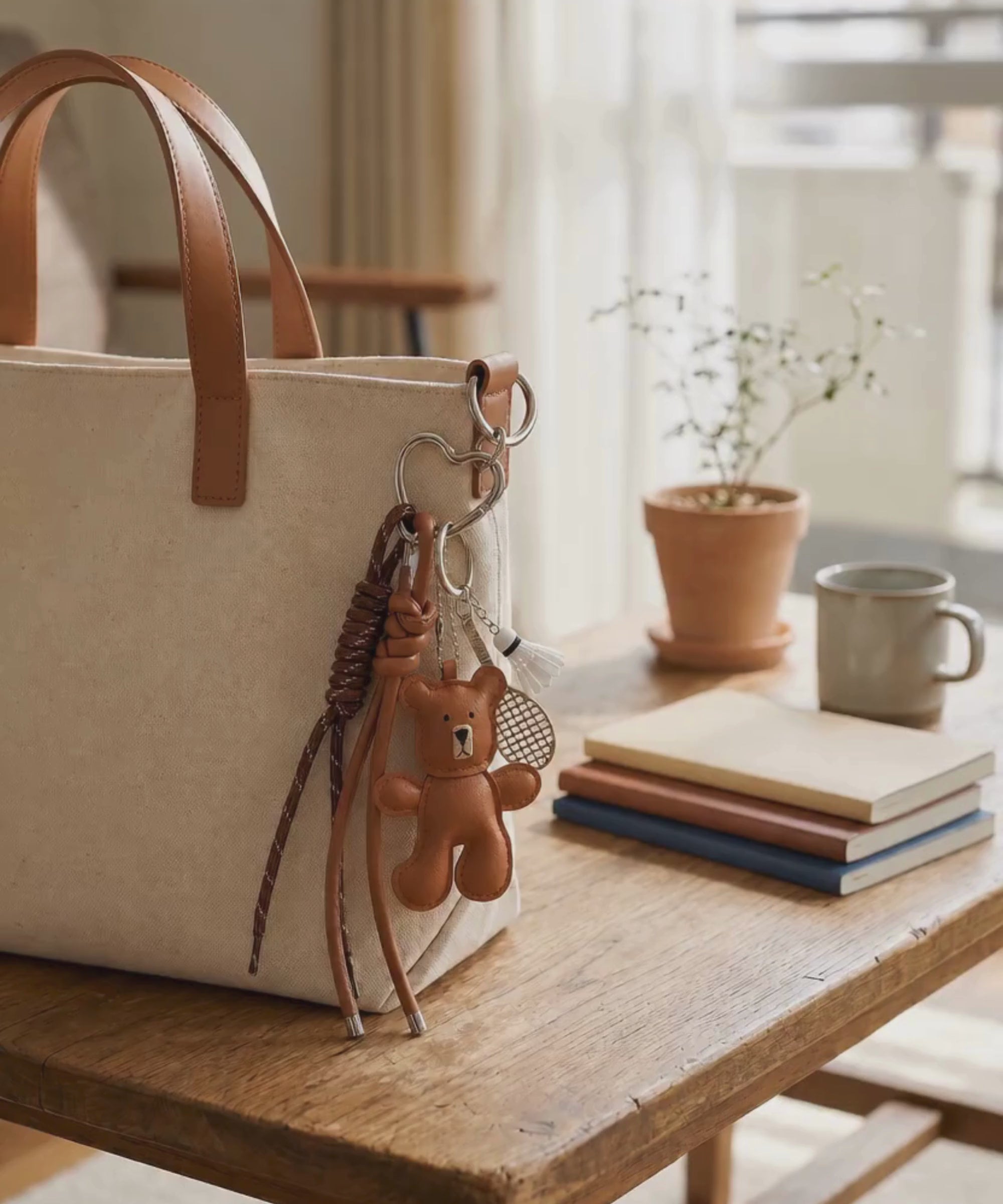 Brown bear PU leather bag charm keychain with a badminton racket charm and shuttlecock charm attached to a tote bag, shown in a lifestyle video with the bag being lifted.
