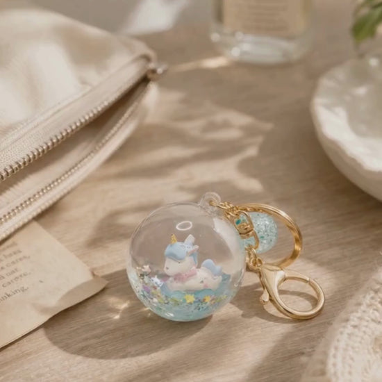 Unicorn liquid glitter keychain on table with soft lighting lifestyle scene