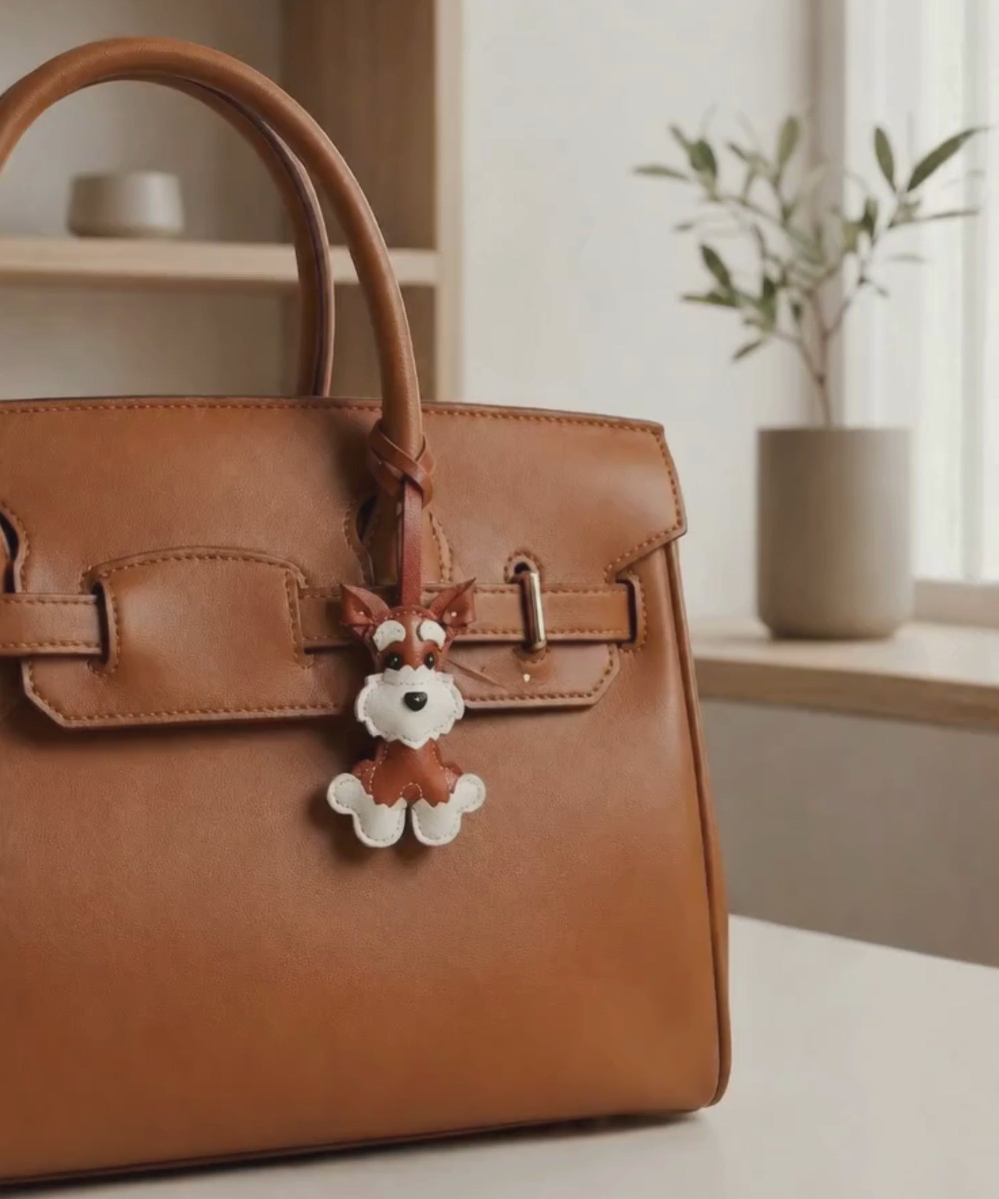 Brown Cute Schnauzer PU leather bag charm attached to a tan handbag being picked up in a lifestyle video.