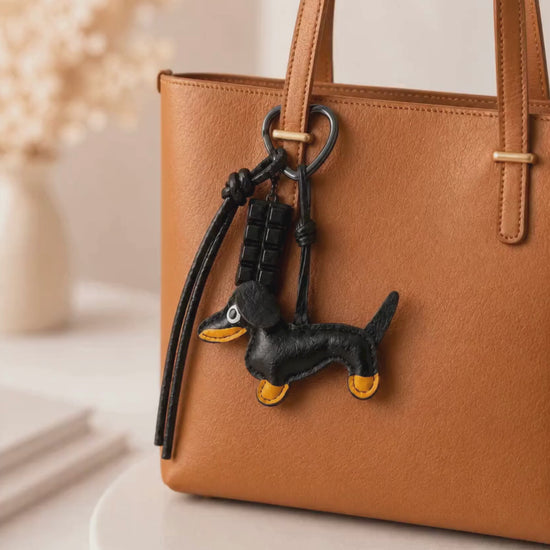 Black sausage dog PU leather bag charm keychain with a chocolate charm attached to a handbag, shown in a lifestyle video with the bag being lifted.