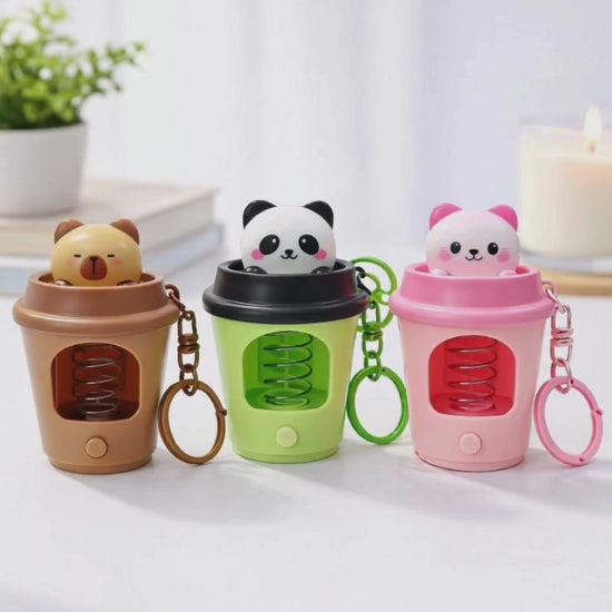 Pop-up coffee cup LED keychain video light-up spring animal bag charm capybara panda cat