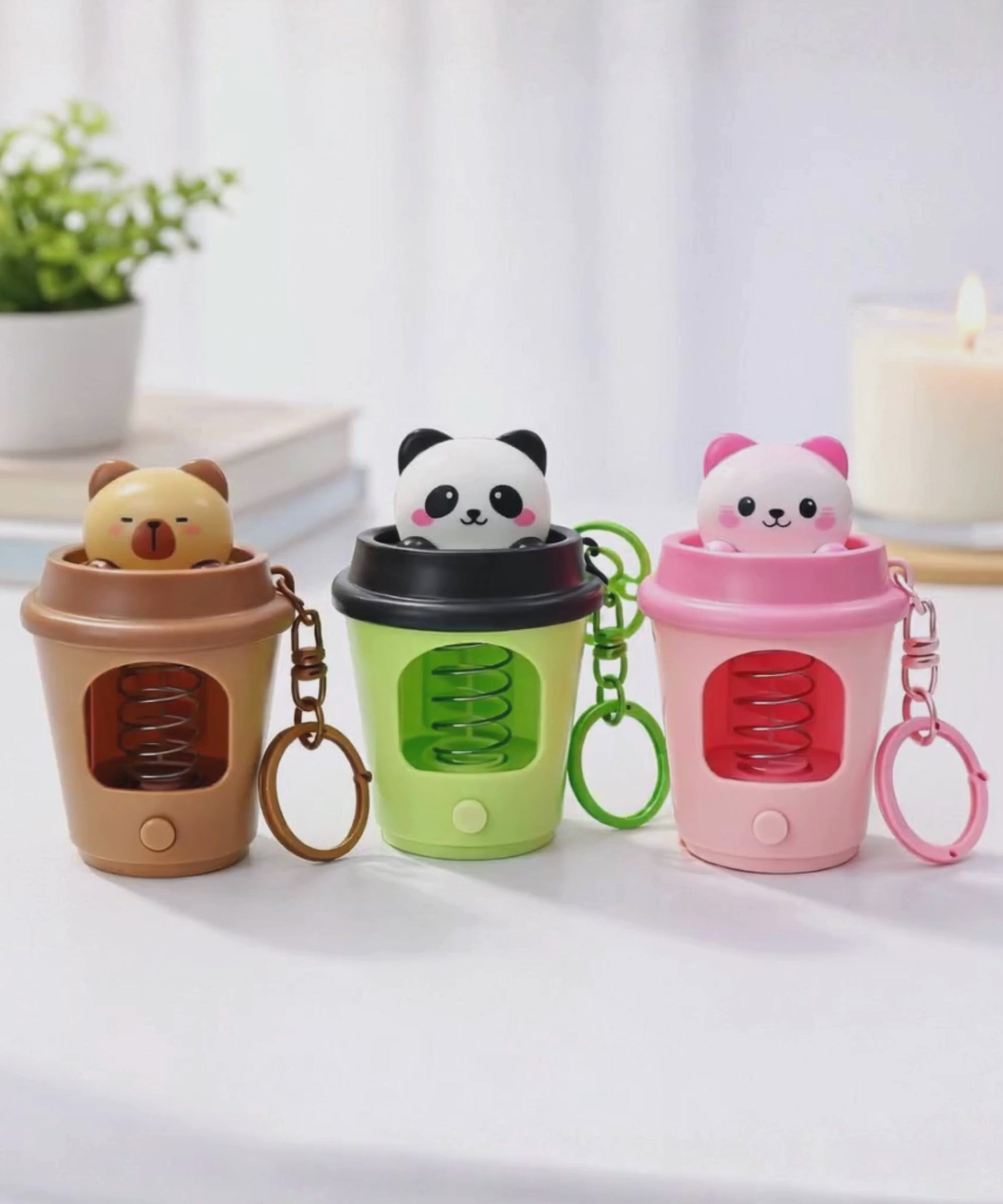 Pop-up coffee cup LED keychain video light-up spring animal bag charm capybara panda cat