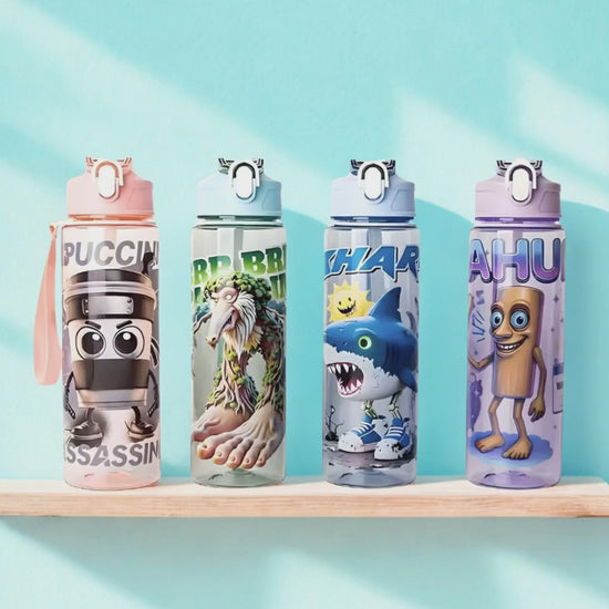 Italian brainrot style kids water bottle 750ml flip top straw bottle colourful character design