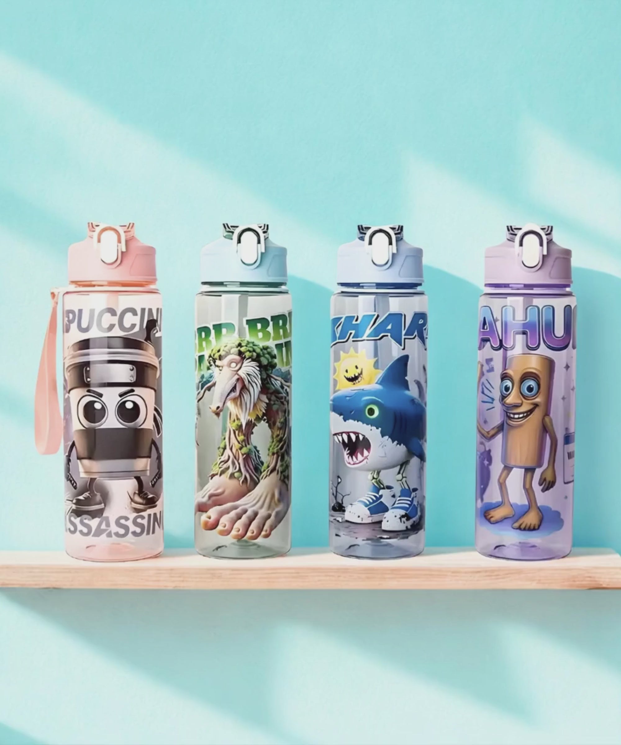 Italian brainrot style kids water bottle 750ml flip top straw bottle colourful character design