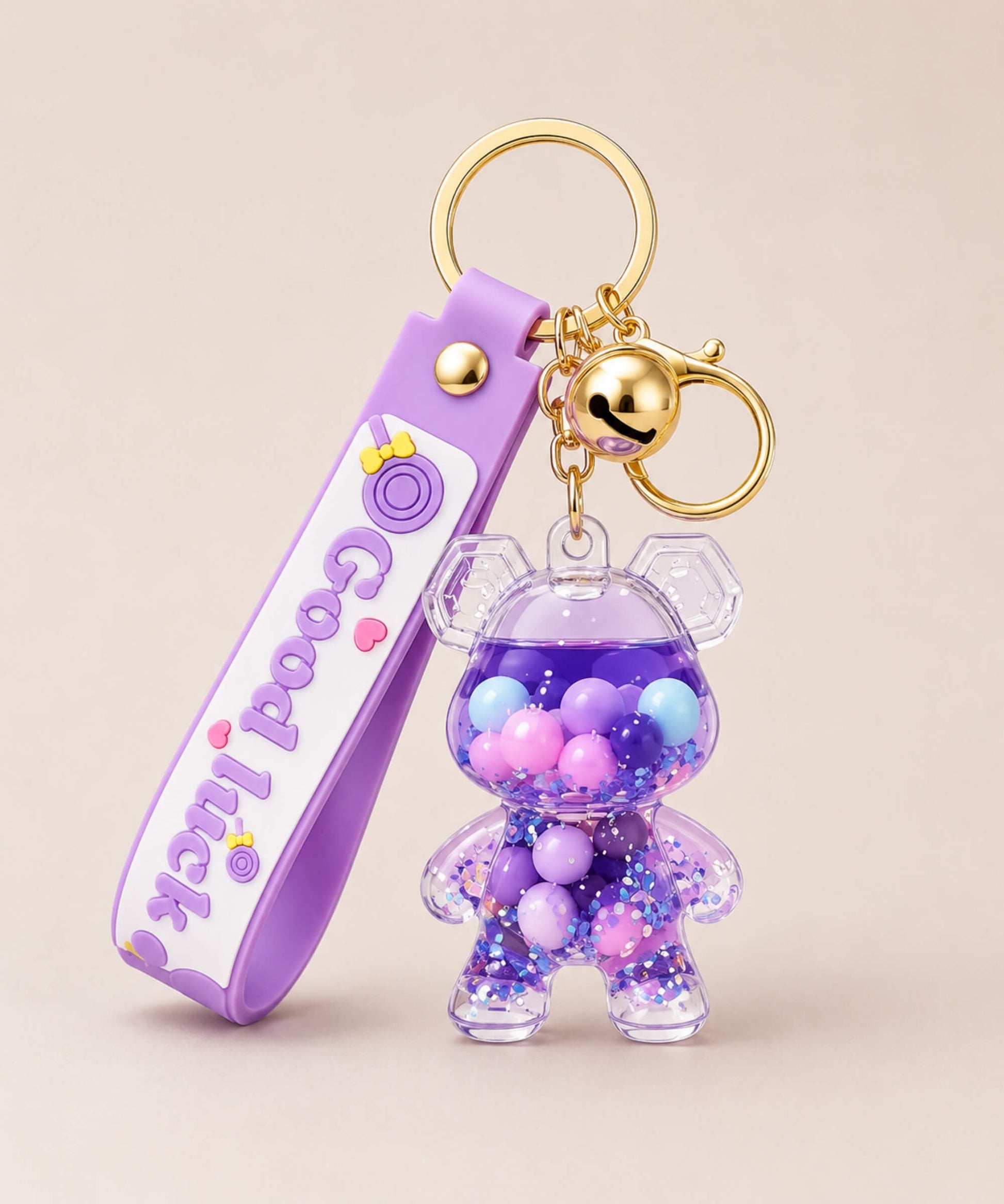 Purple bear floating shaker keychain with colourful beads and glitter