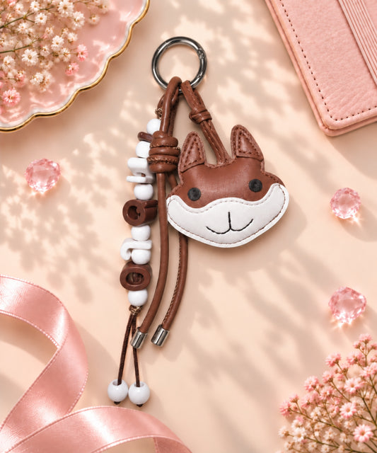 Light brown rabbit PU leather-look bag charm styled on a warm neutral background