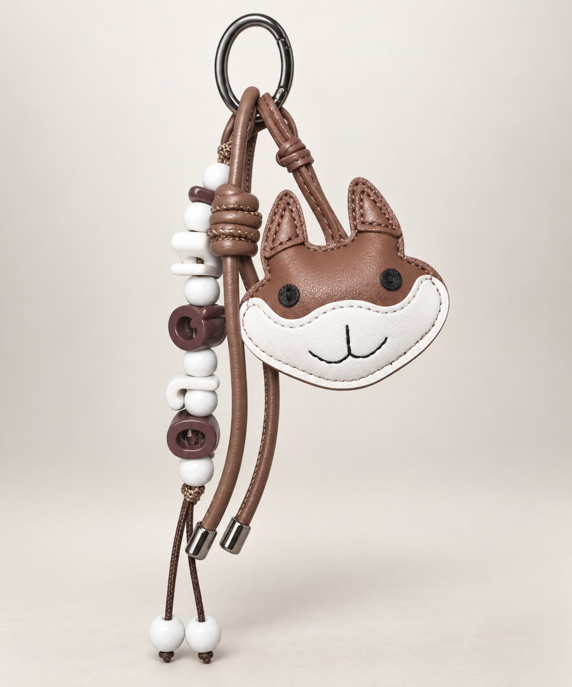 Light brown rabbit PU leather-look bag charm keychain with beads and cord details
