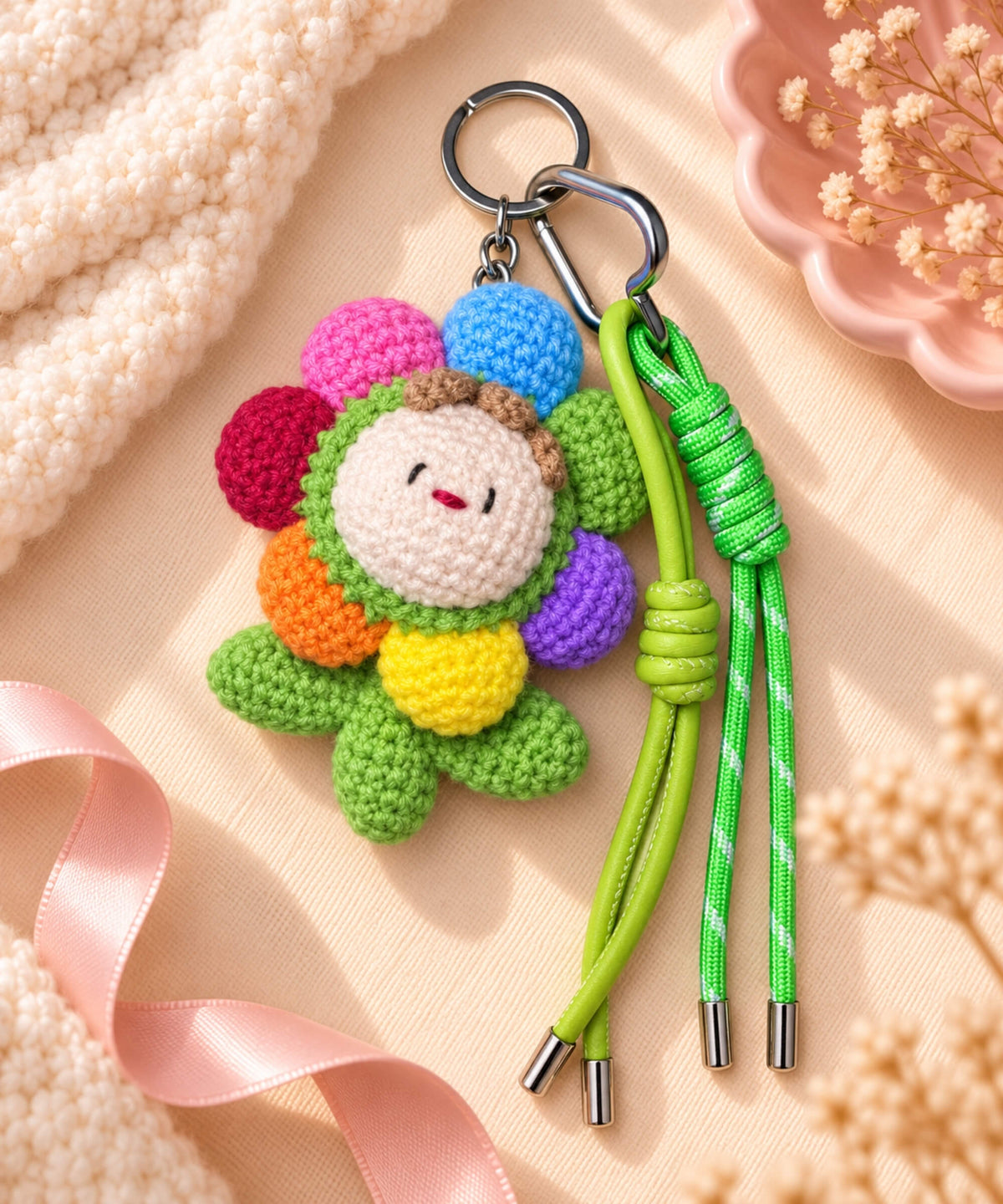 Rainbow flower crochet keychain with colourful petals and green hanging cords