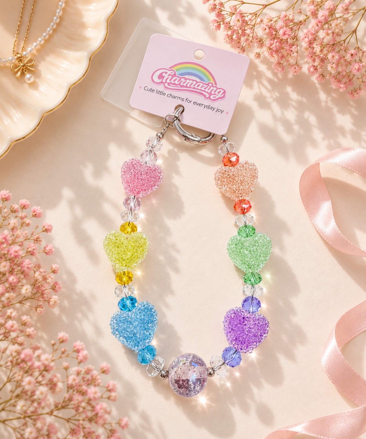 Rainbow heart beaded phone charm styled in a soft pastel lifestyle setting with colourful heart beads and crystal-style details