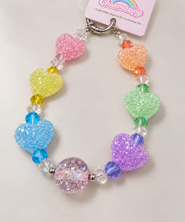 Rainbow heart beaded phone charm with colourful heart beads, crystal-style beads and a glossy feature bead