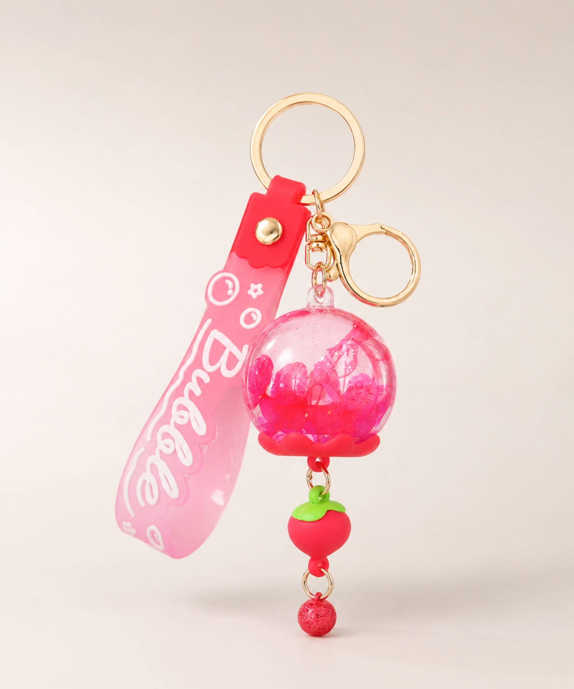 Red dried flower liquid quicksand keychain with apple charm and gold hardware