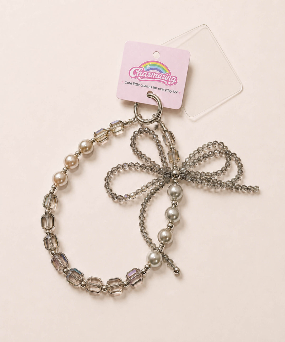 Grey ribbon bow beaded phone charm with pearl-look and crystal-style beads