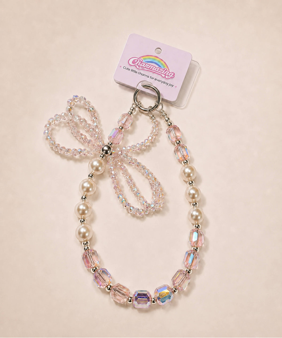 Pink ribbon bow beaded phone charm with pearl-look and crystal-style beads