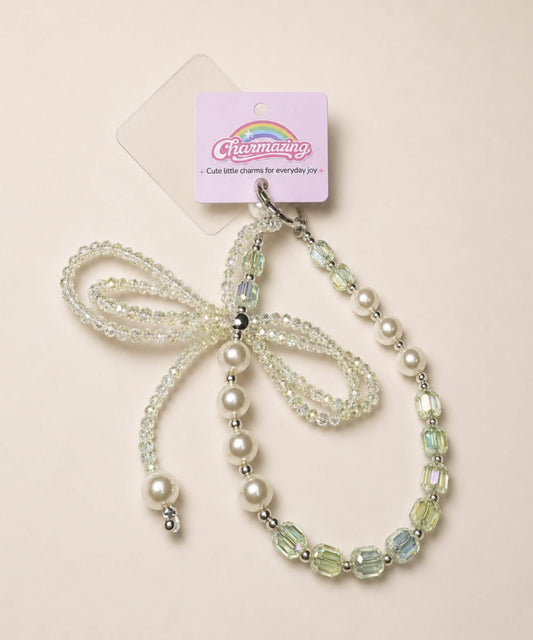 White ribbon bow beaded phone charm with pearl-look and crystal-style beads