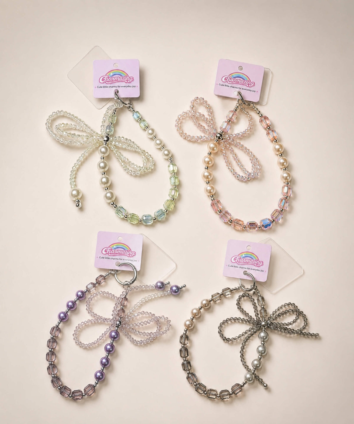 Ribbon bow beaded phone charms in white, pink, purple and grey colour styles