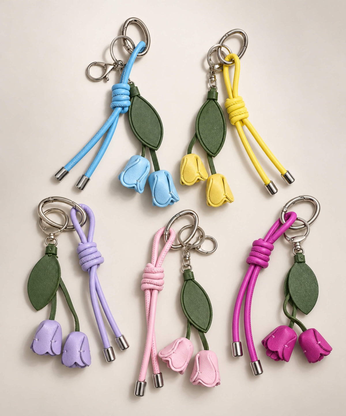 Rose PU leather bag charm keychains in blue yellow purple pink and rose pink