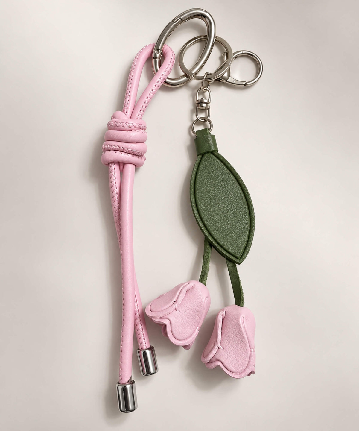 Pink rose PU leather bag charm keychain with hanging rosebuds