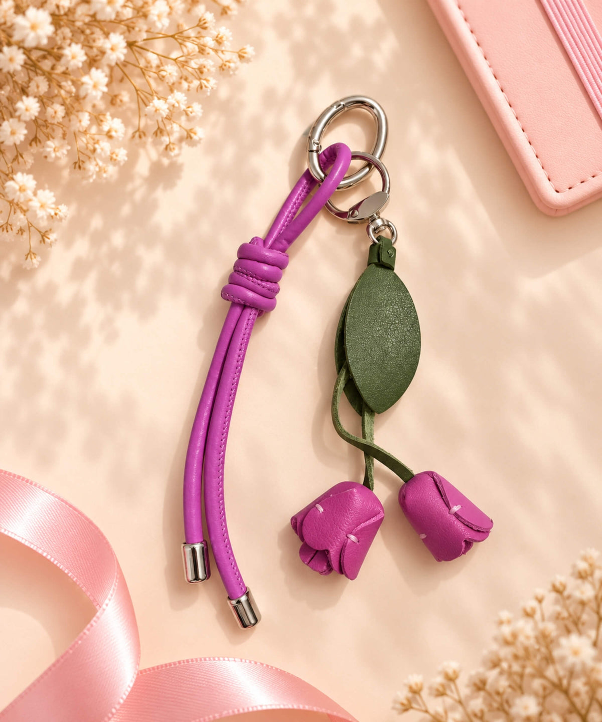 Rose pink rose PU leather bag charm keychain with two hanging flower buds