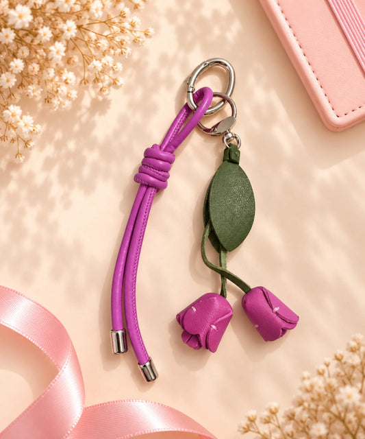 Rose pink rose PU leather bag charm keychain with two hanging flower buds