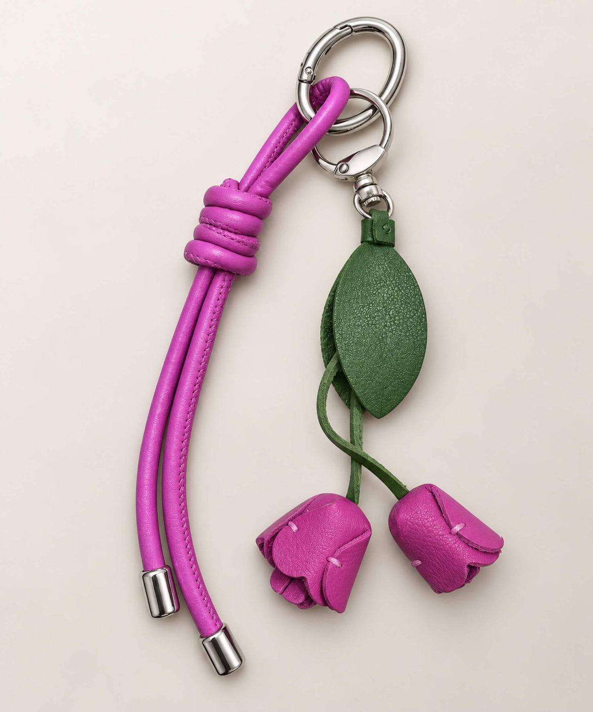 Rose pink rose PU leather bag charm keychain with hanging rosebuds