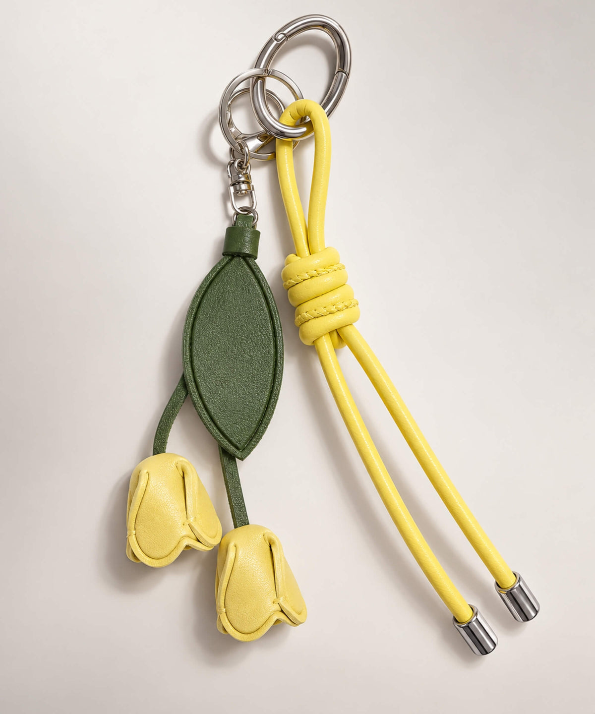 Yellow rose PU leather bag charm keychain with double flower buds