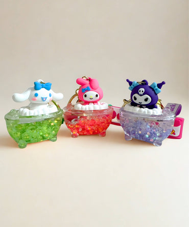 Sanrio bathtub liquid keychain glitter bath charm with My Melody Kuromi Cinnamoroll