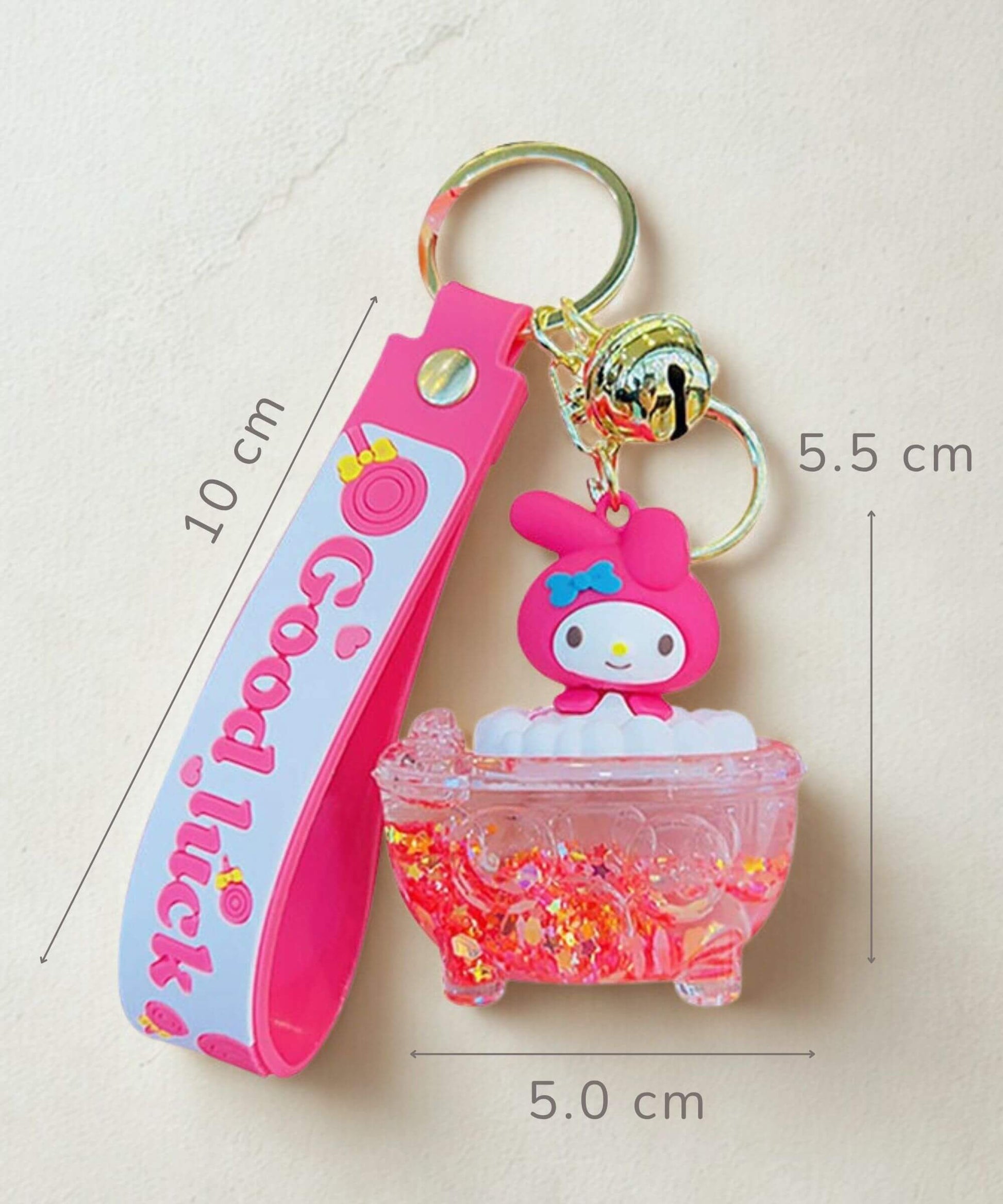 Sanrio bathtub liquid keychain size dimensions with strap and charm measurements
