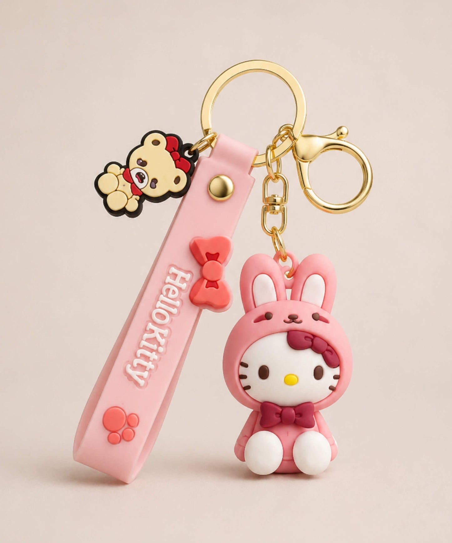 Sanrio Hello Kitty pink bunny classic keychain with pink strap and gold hardware