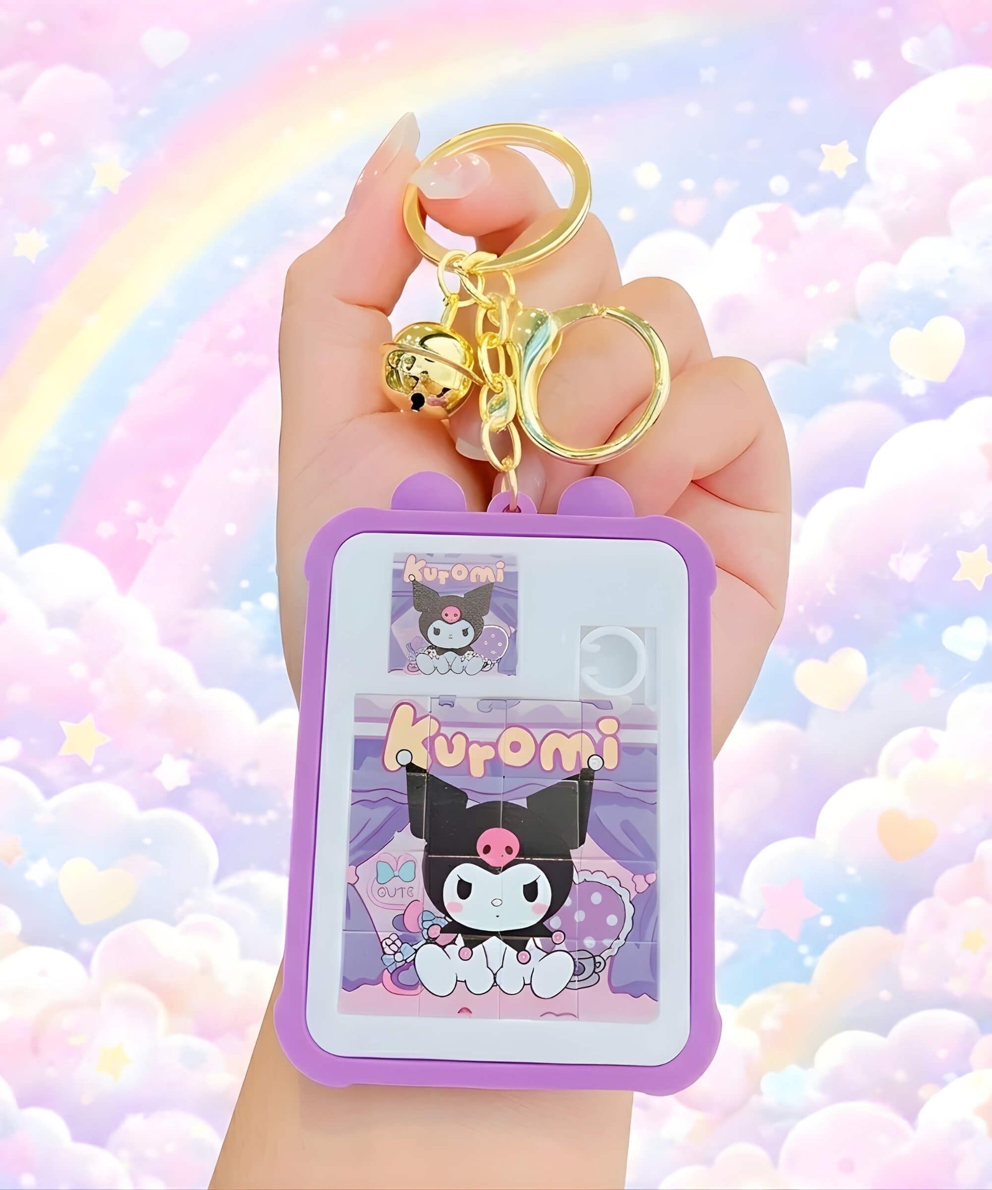 Sanrio Kuromi sliding puzzle keychain held in hand with pastel rainbow cloud background, cute jigsaw bag charm