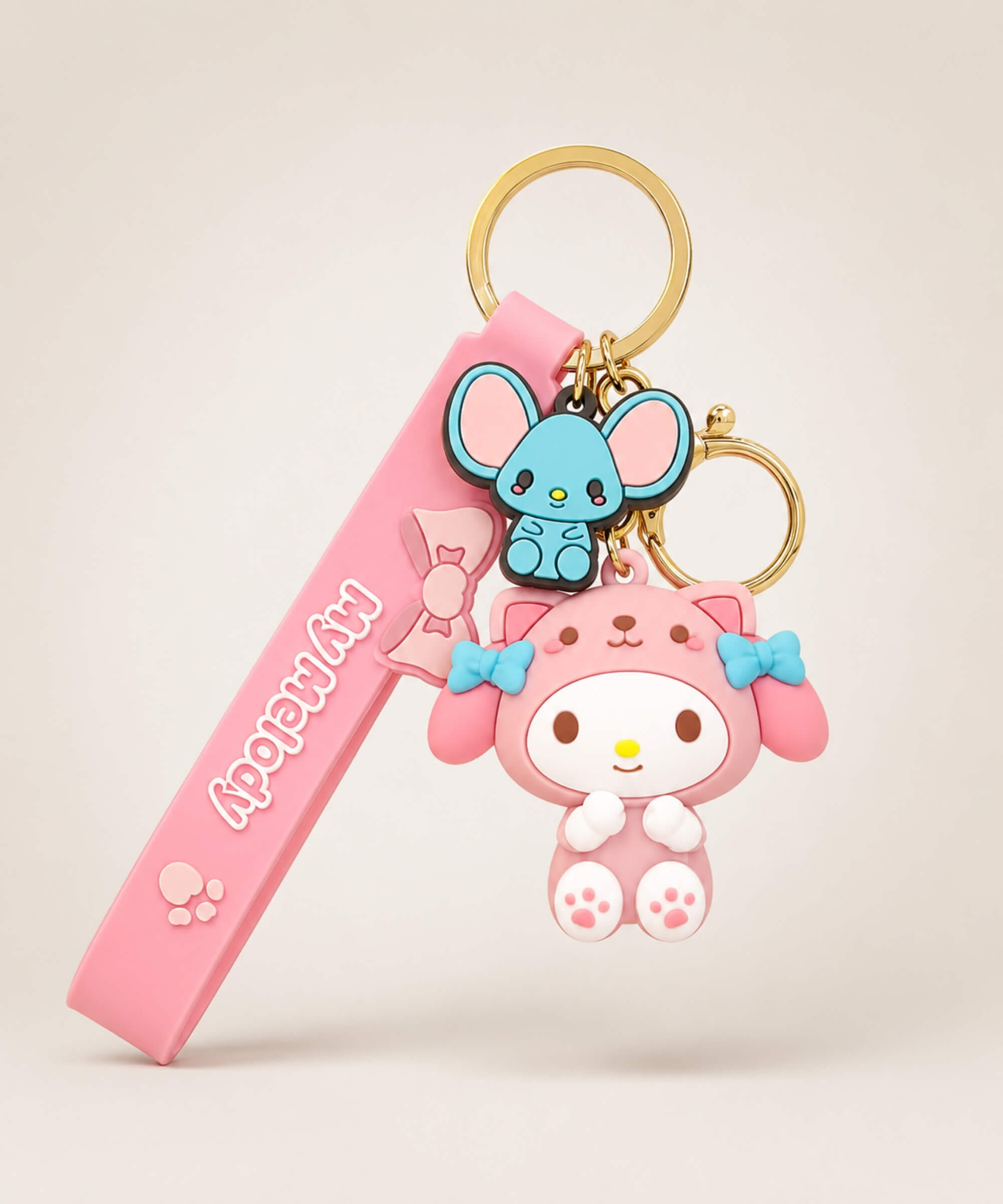Sanrio My Melody pink classic keychain with pink strap and gold hardware