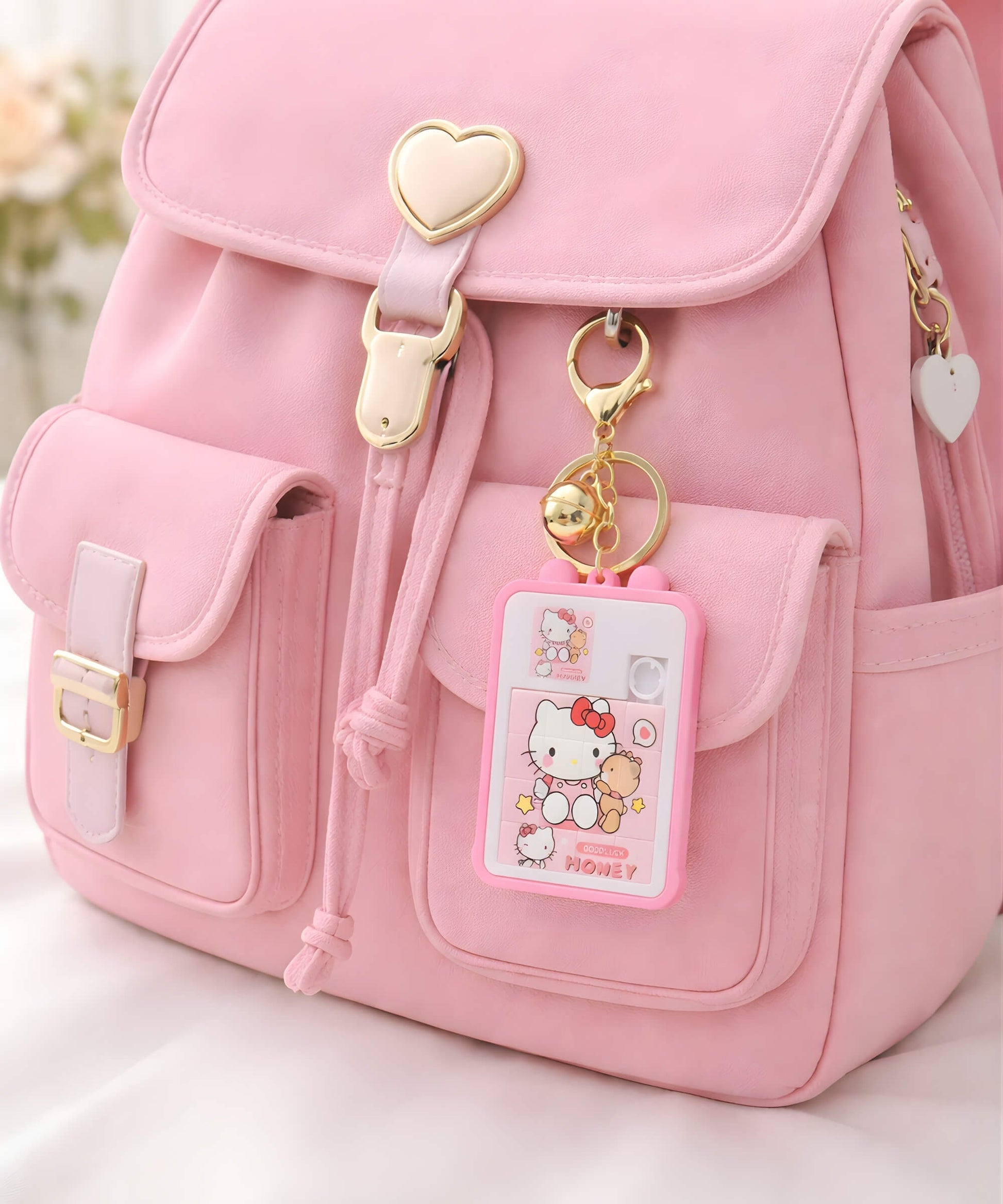 Hello Kitty puzzle keychain hanging on pink backpack cute Sanrio bag charm lifestyle use