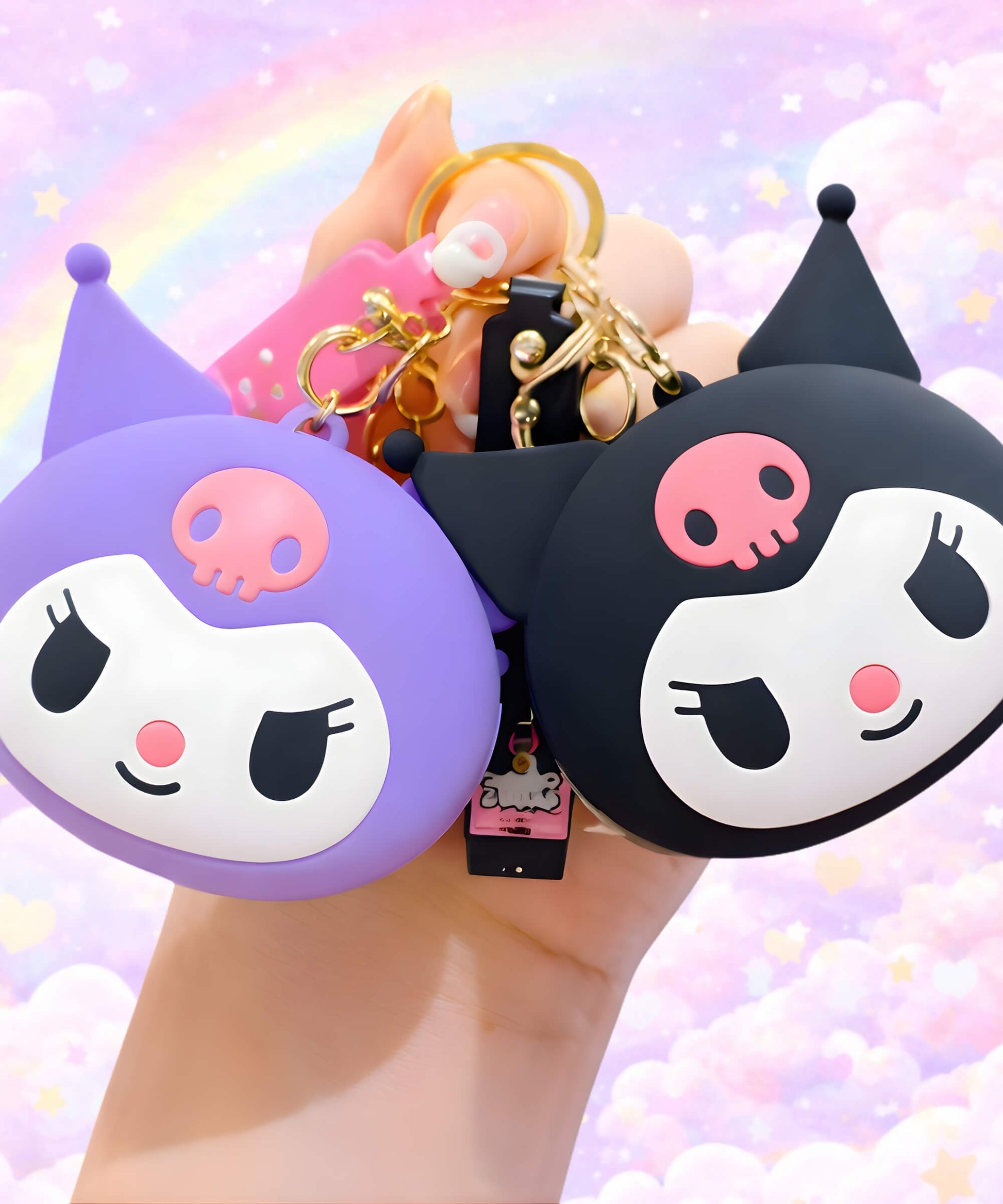 Sanrio silicone coin purse keychains with Kuromi purple and black designs held in hand, cute mini pouch bag charm with pastel background