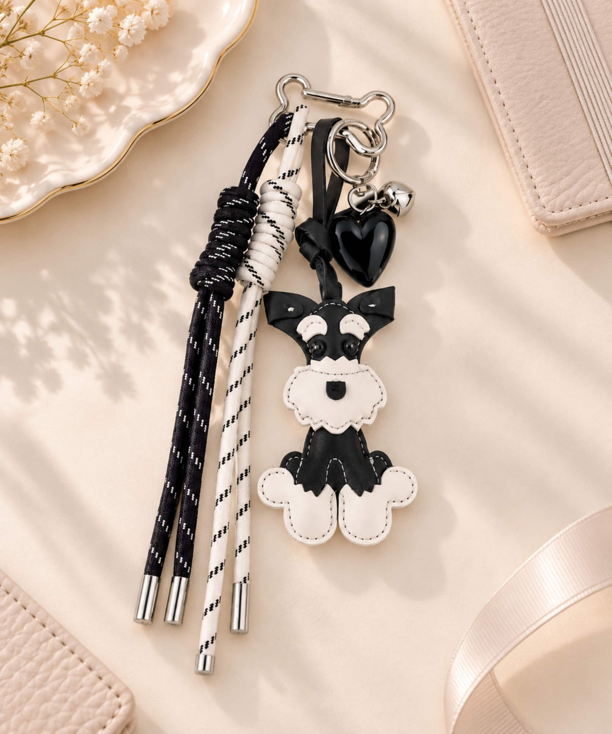 Black and white Schnauzer PU leather bag charm keychain with black heart charm, bell and rope straps