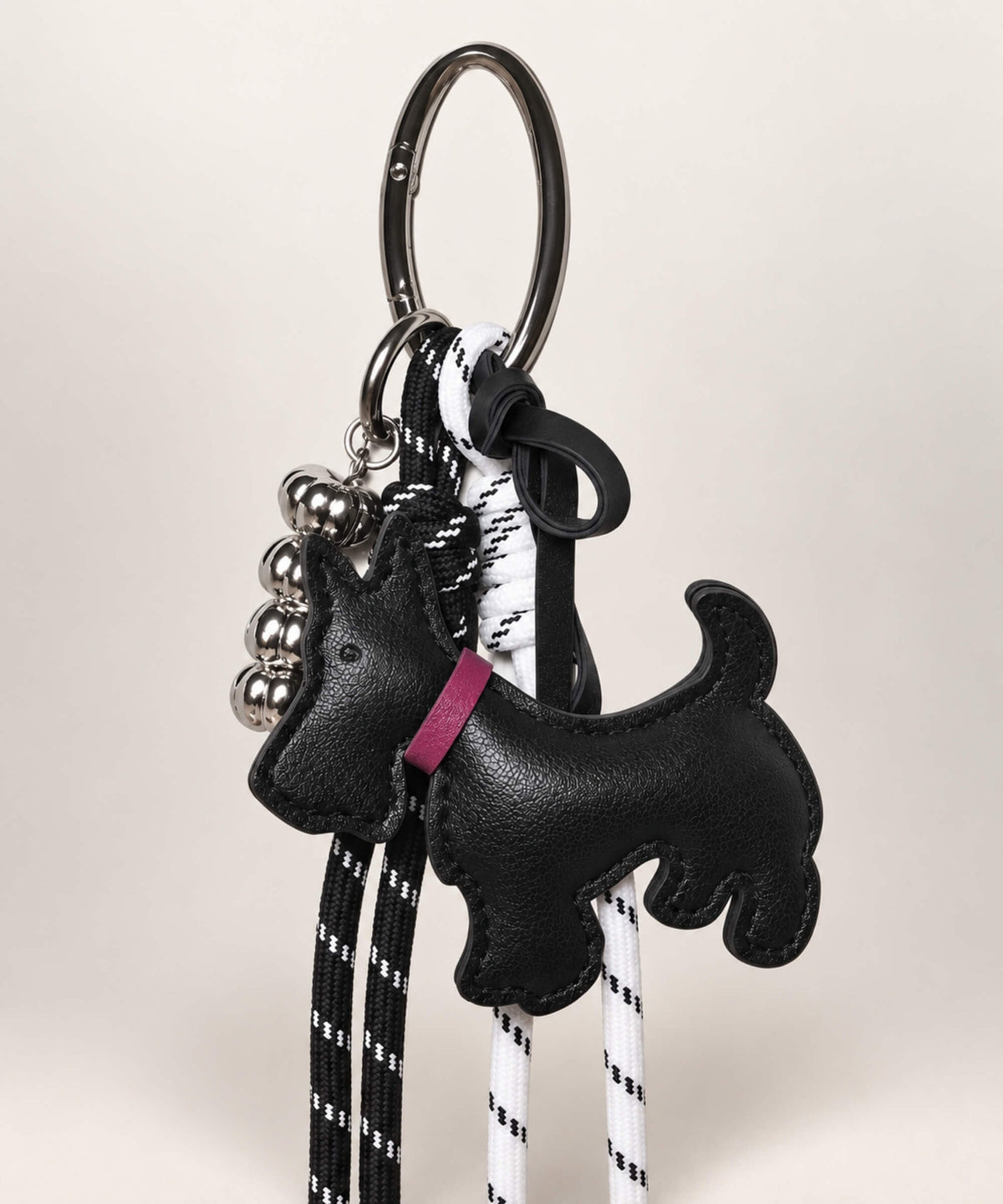 Black Scottish Terrier PU leather bag charm keychain with black and white rope cords