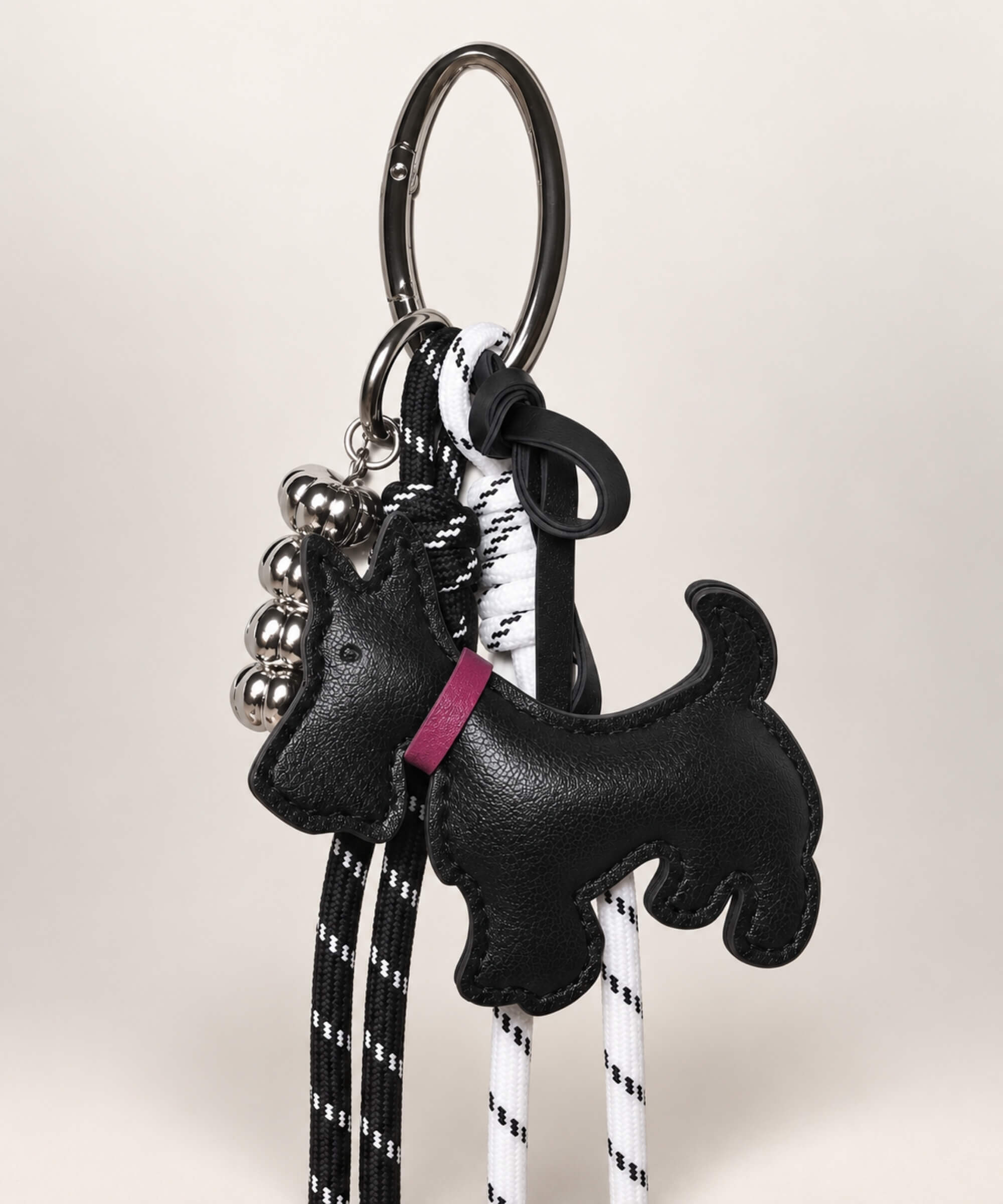 Black Scottish Terrier PU leather bag charm keychain with black and white rope cords